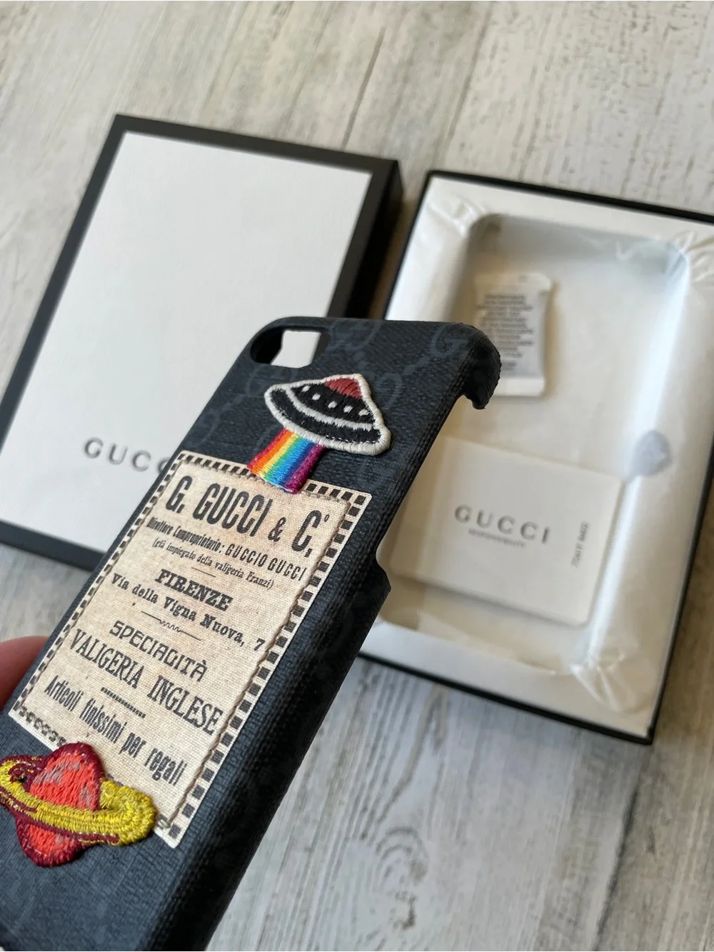 Gucci Black Embroidered UFO & Planet Patch GG IPhone 7/8/SE Case NEW
